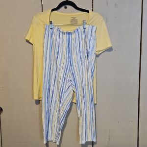 # 152 Charisma Yellow Tee Top and Blue Striped Capri Bottom Pj Set